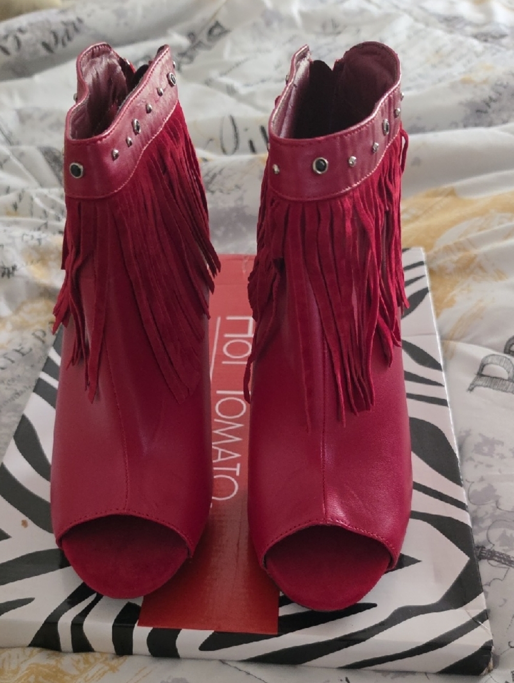 Open-Toe Fringe Ankle Boots - Red